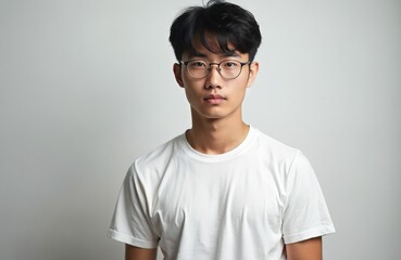 Obraz premium Young Chinese man wearing t-shirt, glasses on white background. Asian guy looks directly, serious facial expression. Confident person with natural look in studio, clean skin, casual clothing.