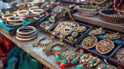 Fototapeta premium Assortment of handcrafted jewelry displayed on a rustic table, featuring ethnic design
