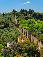 Forte Belvedere and walls in the Medici district of Florence, Italy. The fortress sits atop a hill, encircled by trees, with its  walls down the hillside, blending architecture with a green landscape.