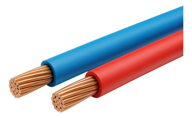 Two electrical cables with exposed copper wires, one insulated with blue and the other with red plastic coating, on transparent background.