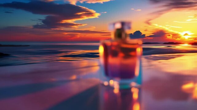 Aromatic Breeze by the Sea: A bottle of perfume sits gracefully on the shore, the setting sun illuminating its form, capturing the essence of a refreshing aroma intertwined with the sea's whispers.