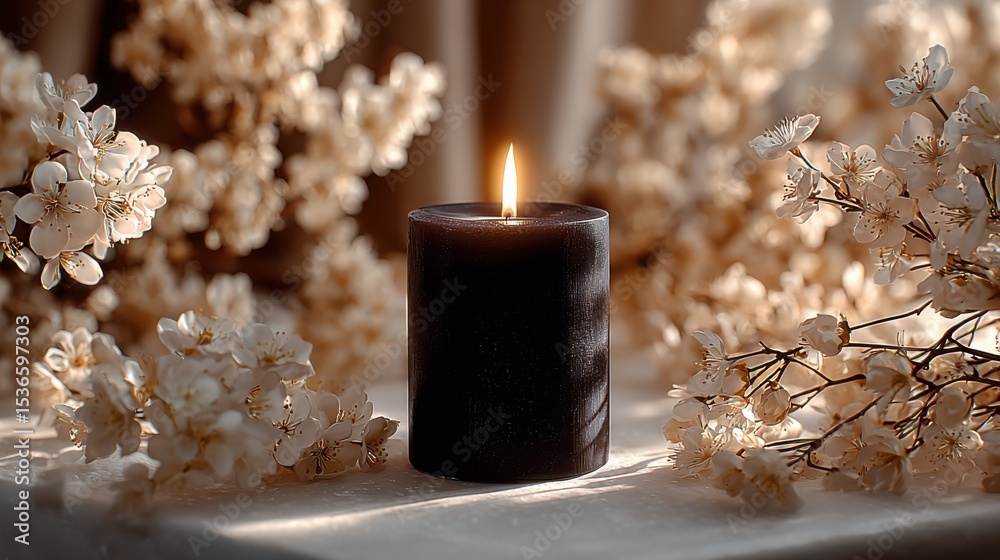 Poster burning black candle surrounded by white blossoms, representing remembrance and peaceful reflection 