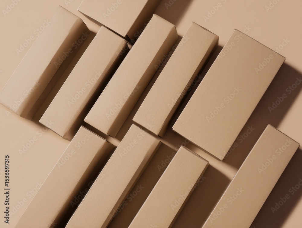 Poster neatly arranged cardboard boxes on beige surface, representing organization and supply chain managem