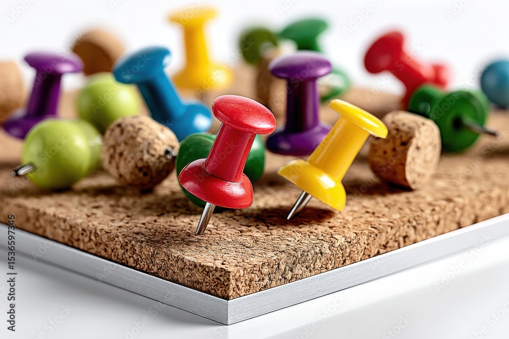 Poster colorful push pins on cork board, illustrating project management and reminders for business plannin