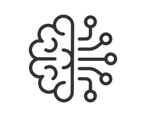 Abstract icon depicting a brain connected to circuit board elements. Minimalist design symbolizing artificial intelligence, technology, or innovation. Use for science, education, or AI concepts.