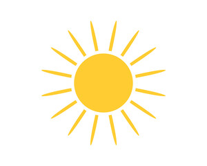 Vibrant yellow sun graphic with radiating rays. Represents warmth, summer, energy, and positivity. Ideal for weather forecasts, vacation promotions, or kids designs.