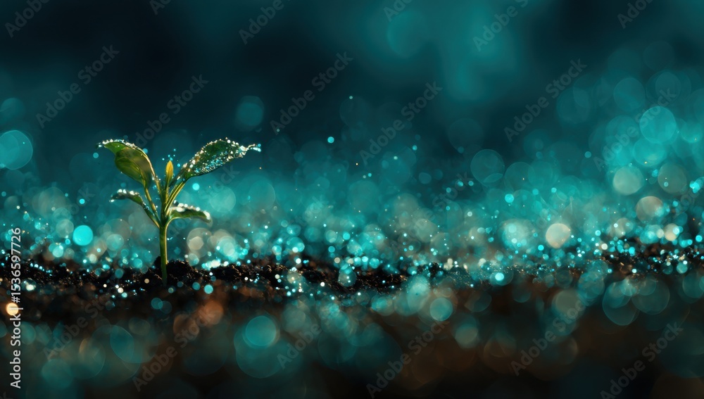 Poster young sprout growing in soil with bokeh light, symbolizing hope and new beginnings in environmental 