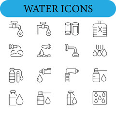Fifteen black and white line icons related to water, arranged in a grid.