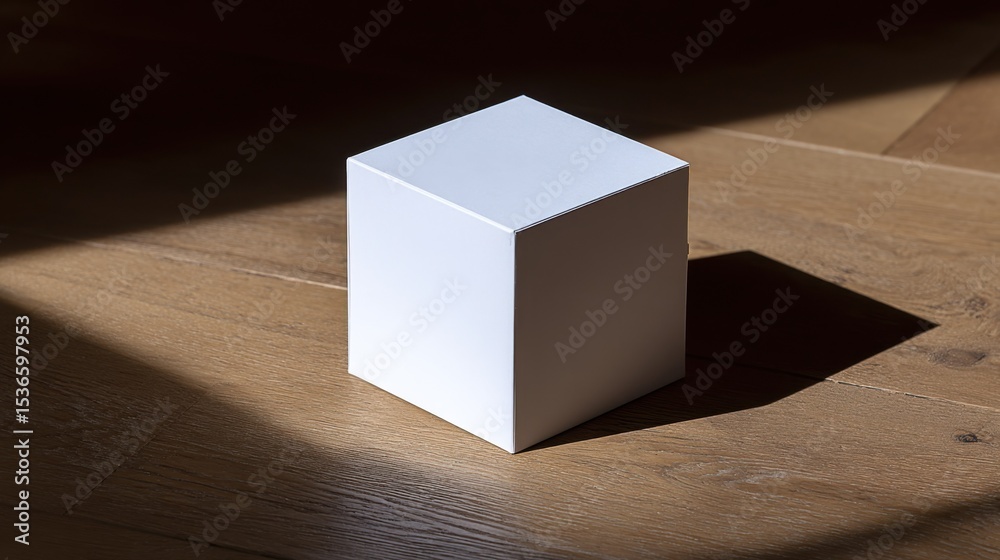 Poster white cube on wooden floor in sunlight, representing simplicity, minimalism, and modern architecture