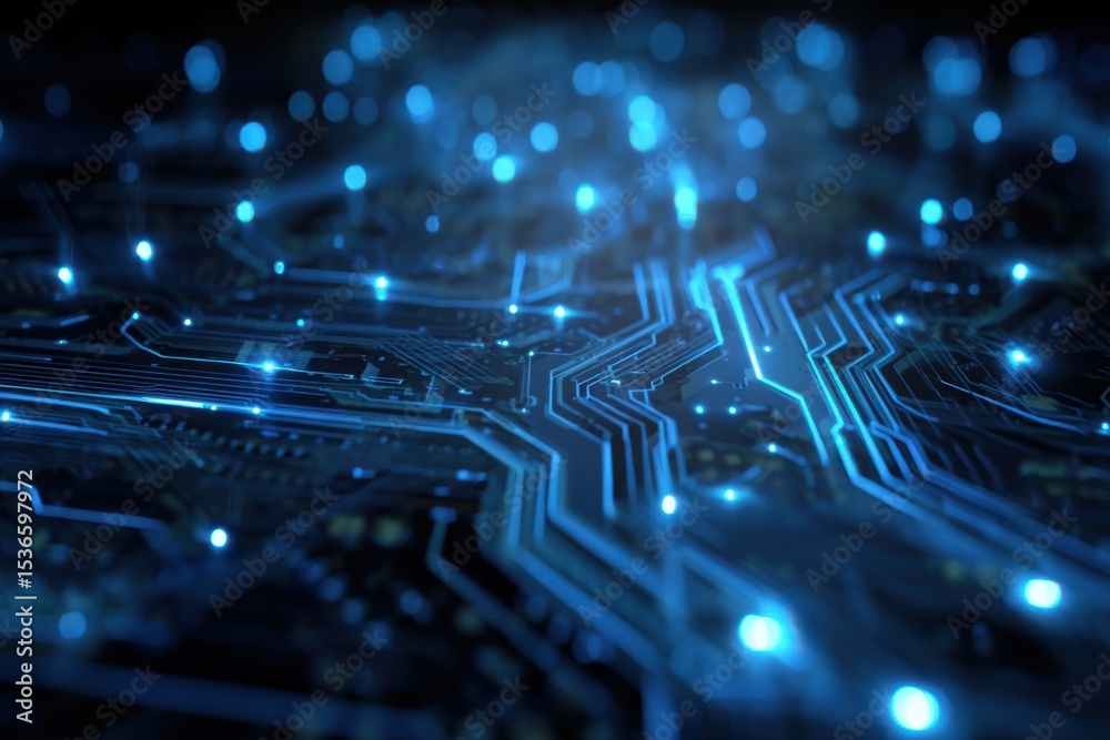 Aufkleber illuminated circuit board with glowing blue lights, representing digital transformation and technolo