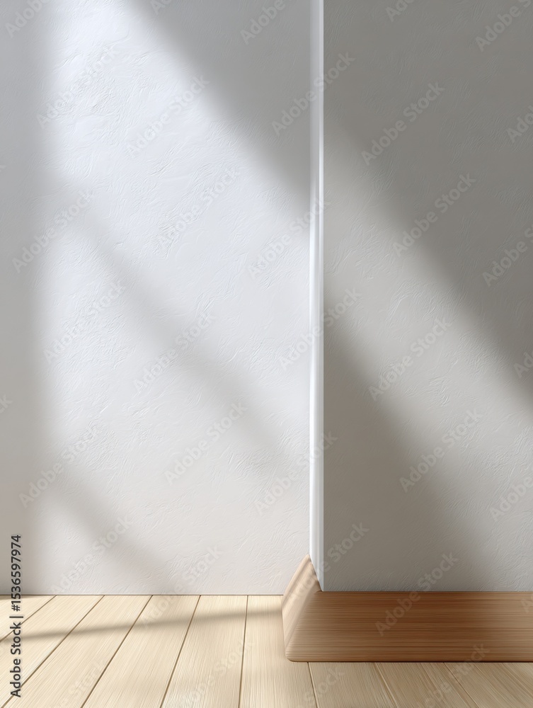 Poster empty room corner with sunlight on wall, ideal for interior design mockups and home renovation proje