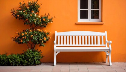 White bench with orange wall  window with surrounded by lush plants, and relaxation scene.