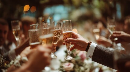 Photograph the wedding party raising glasses or bottles in a celebratory toast, capturing the festive spirit of the occasion
