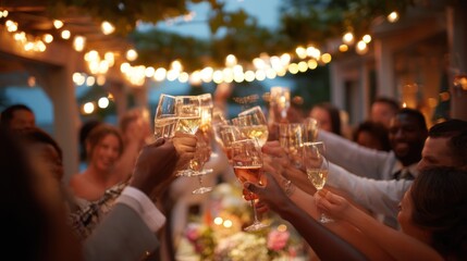 Photograph the wedding party raising glasses or bottles in a celebratory toast, capturing the festive spirit of the occasion