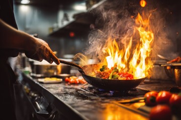 Chef Stir-Frying Vegetables in a Fiery Wok, Representing Culinary Expertise and Restaurant Innovation With a Focus on Food Preparation and Service : Generative AI