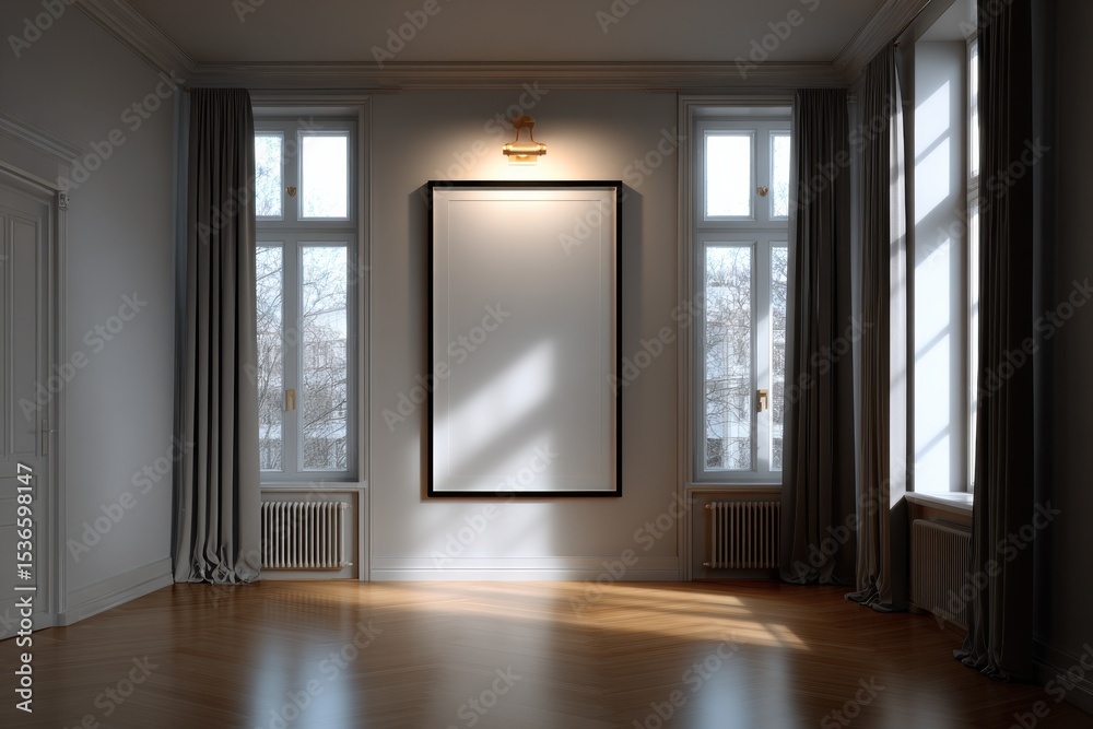 Poster empty frame on wall in bright room with windows, ideal for mockups and interior design presentations