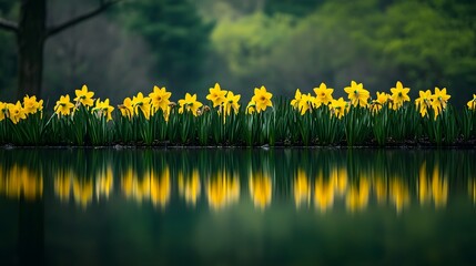 A line of bright yellow daffodils reflected in a calm pool of water.