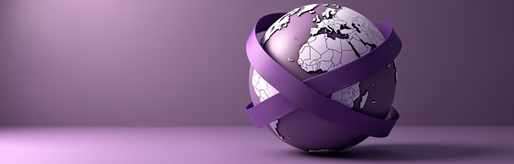 Purple ribbon wraps around globe world. Concept image support, solidarity for global causes like epilepsy, cancer, domestic violence awareness. Violet background. Conceptual art for health campaigns.