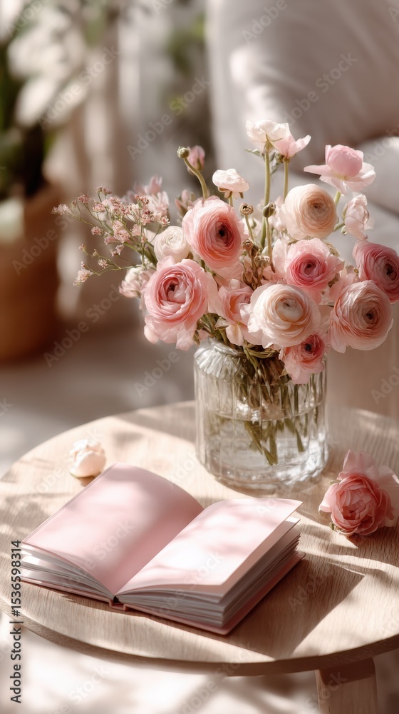 Poster pink ranunculus flowers in glass vase with open book on wooden table, representing mindfulness and s