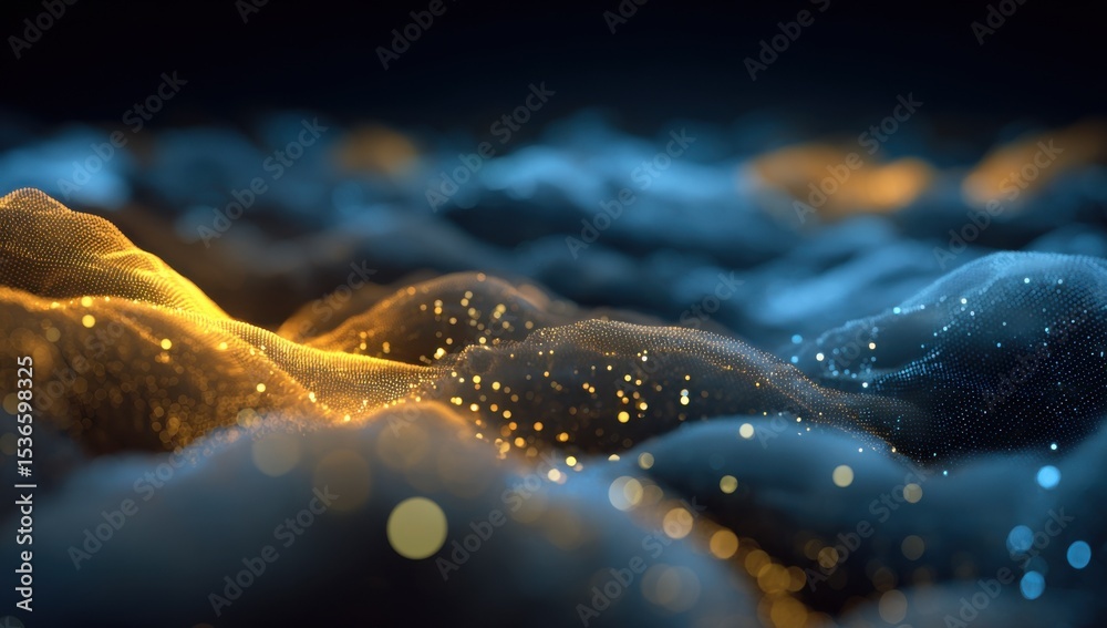 Poster Abstract Data Waves in Gold and Blue, Representing Digital Transformation and Technological Innovation, Suitable for Corporate Presentation : Generative AI