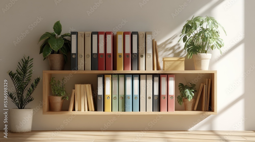 Aufkleber colorful office binders on wooden shelf with plants, representing organization and document manageme