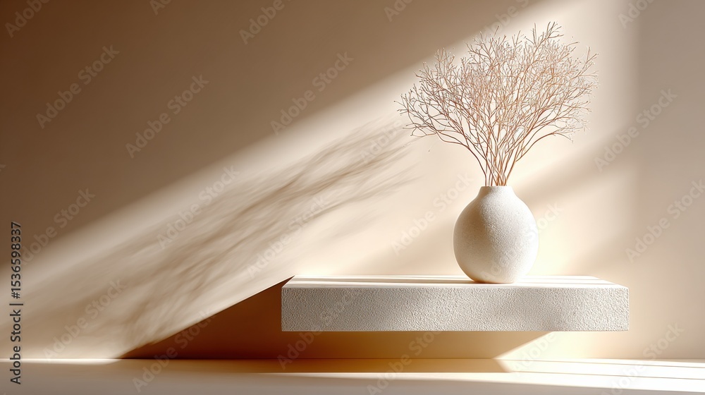 Poster Minimalist Vase With Dried Branches on Floating Shelf in Warm Light, Representing Serenity and Interior Design Inspiration : Generative AI