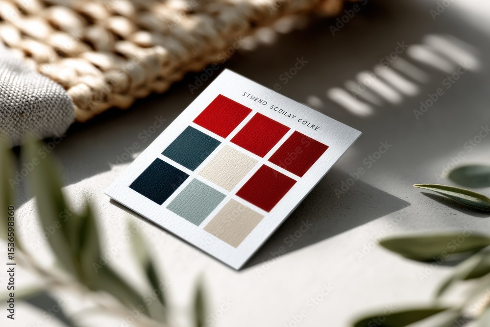 Poster color palette card on table with olive branch, showcasing branding and creative ideas for interior d