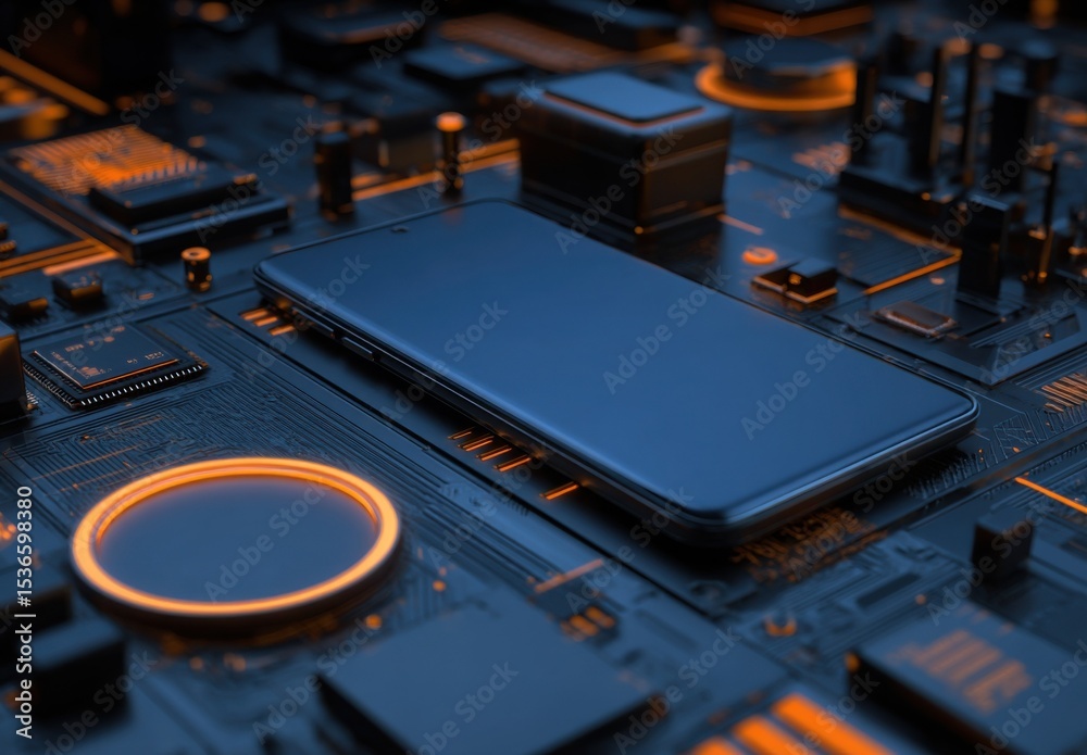 Poster smartphone on circuit board background with orange glow, illustrating technology integration and dig