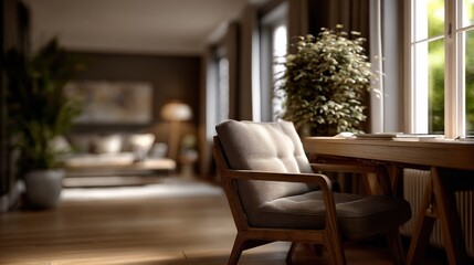 Cozy Home Office Nook With Wooden Desk and Armchair Near Window, Representing Productivity and Comfortable Workspace : Generative AI
