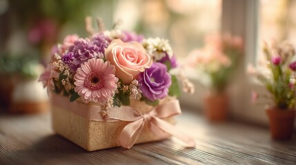 Obraz premium Pastel Flower Arrangement in Woven Box With Ribbon, Symbolizing Affection and Celebrating Mother's Day : Generative AI