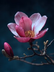 Magnolia Blossom Close-Up on Dark Background, Symbolizing Spring Renewal and Natural Beauty for Seasonal Promotions : Generative AI