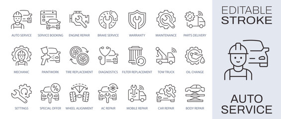 Auto service icons, such as car maintenance, diagnostics, auto mechanic and more. Editable stroke.