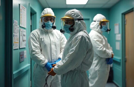 Medical team wearing hazmat suits with protective equipment in hospital corridor. Doctors, nurses in protective gear. Healthcare workers ready for work during epidemic, virus outbreak. Pandemic