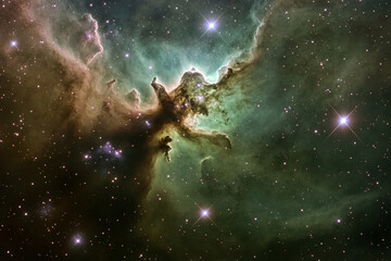 Fototapeta premium Swirling cosmic nebula in vibrant shades of green with distant stars illuminating the vastness of space