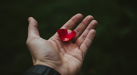 Holding Red Rose Petal in Hand with Dark Green Background