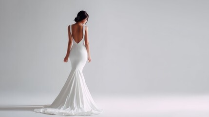 Rear view of the bride walking away, showcasing the gown's back design and train, with a clean backdrop emphasizing the dress's simplicity and elegance