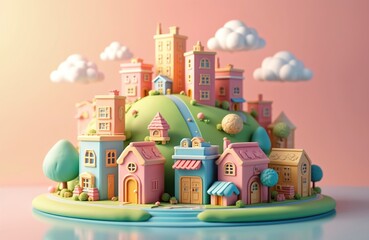 3D mini city illustration with colorful houses, hotels, streets, clouds. Miniature world on hill, happy colors, kid style. Abstract urban landscape for prints web. Suitable for design travel topics.