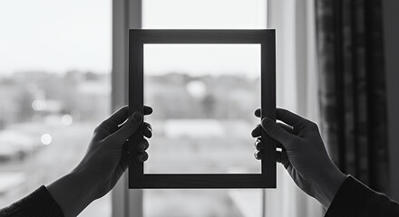 Holding Wooden Frame Against Window Creating a Black and White Effect