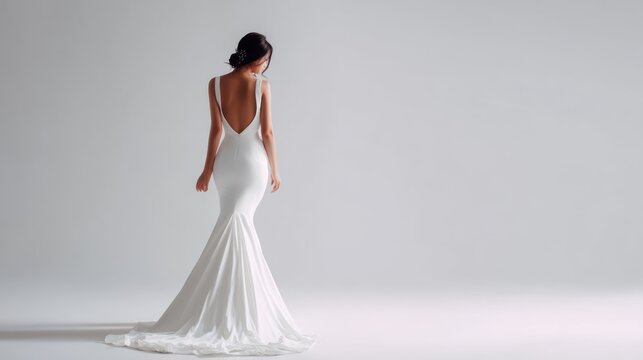 Rear view of the bride walking away, showcasing the gown's back design and train, with a clean backdrop emphasizing the dress's simplicity and elegance