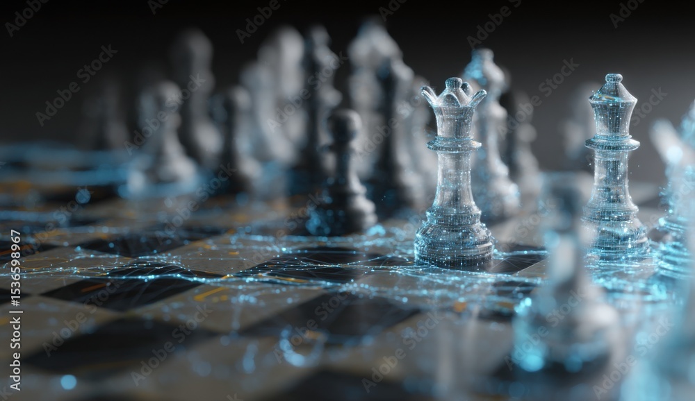 Poster digital chess pieces on board with glowing connections, representing strategy and technology innovat