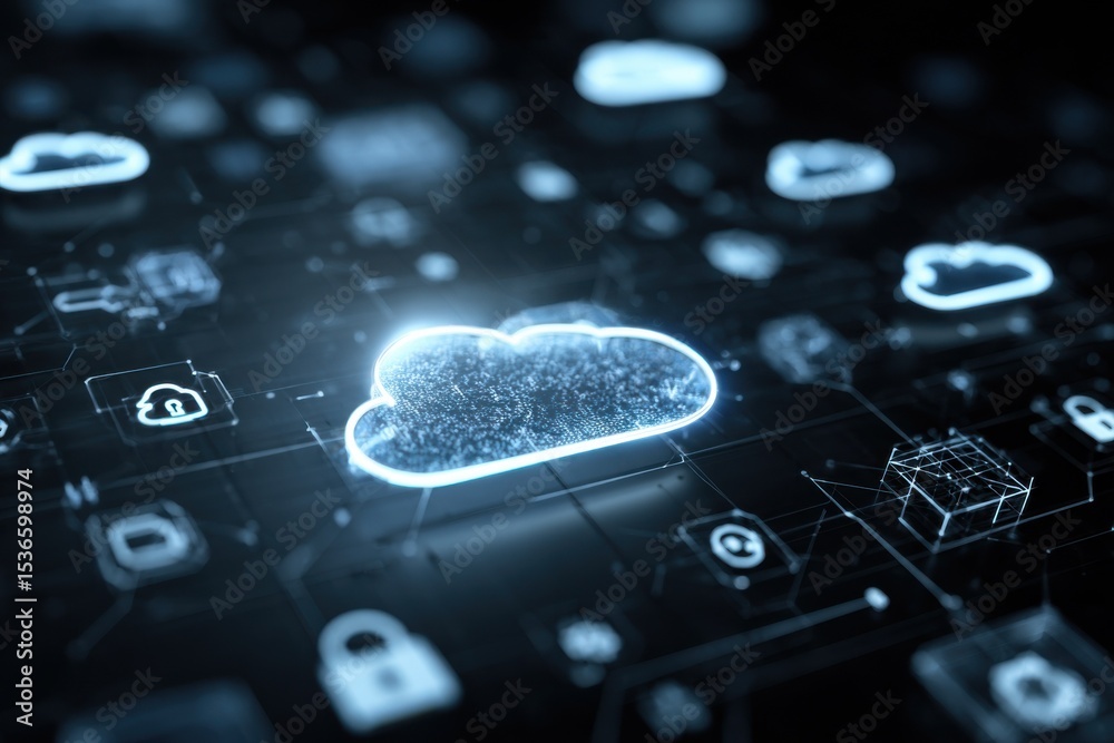 Poster Cloud Computing Network With Glowing Icons, Representing Data Security and Digital Transformation for Modern Businesses : Generative AI