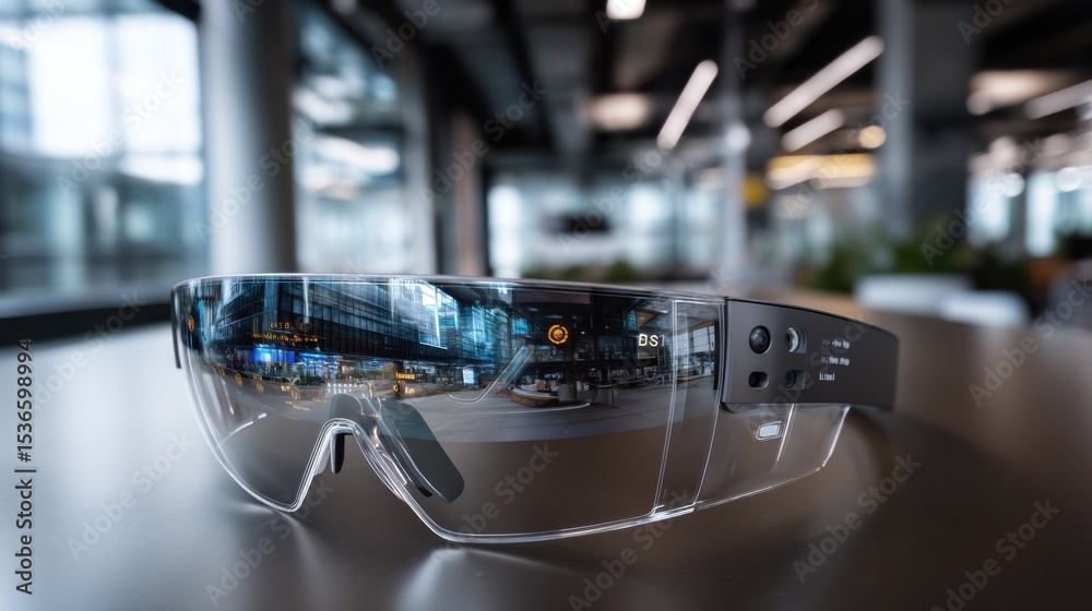 Aufkleber augmented reality glasses reflecting cityscape on table, showcasing innovation and technological adv