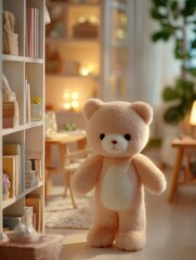 Cute Teddy Bear Standing in Cozy Room With Bookshelf, Symbolizing Childhood Comfort and Home Decor Inspiration : Generative AI