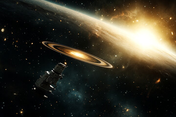 Obraz premium Deep-space telescope captures vibrant cosmic phenomena while orbiting a shimmering planet under a golden sunlit atmosphere