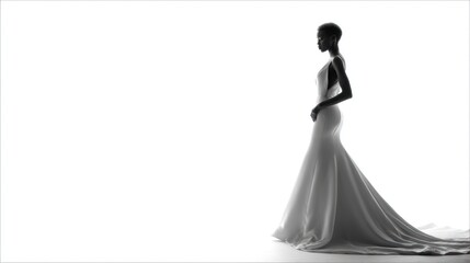 Side profile of a bride showcasing the gown's sharp tailoring and silhouette, set against a plain white background to emphasize form and design