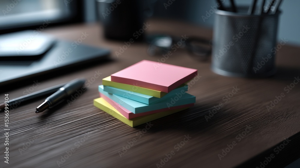Poster Stack of Colorful Sticky Notes on Wooden Desk, Representing Project Planning and Creative Brainstorming in a Modern Office Setting : Generative AI