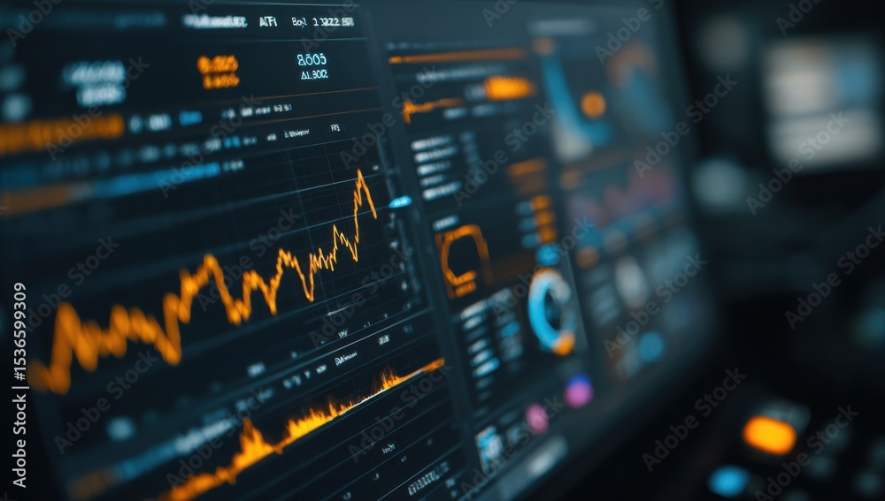 Poster stock market data displayed on a screen, representing financial analysis and investment strategy : g