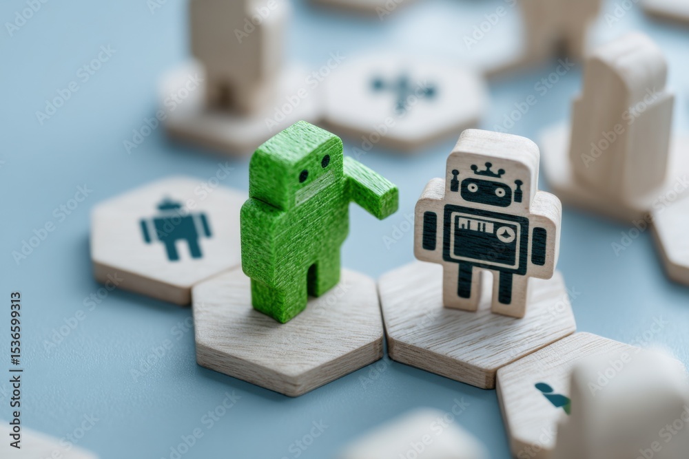 Poster green and beige wooden robot figures on hexagon tiles, symbolizing artificial intelligence and machi