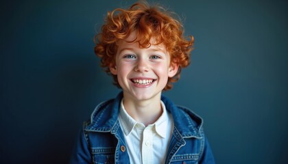 Happy red-haired boy portrait smiling. Beautiful child with blue eyes in denim jacket, white shirt. Joyful kid with perfect skin. Happiness childhood expression. Red hair, trendy boy.