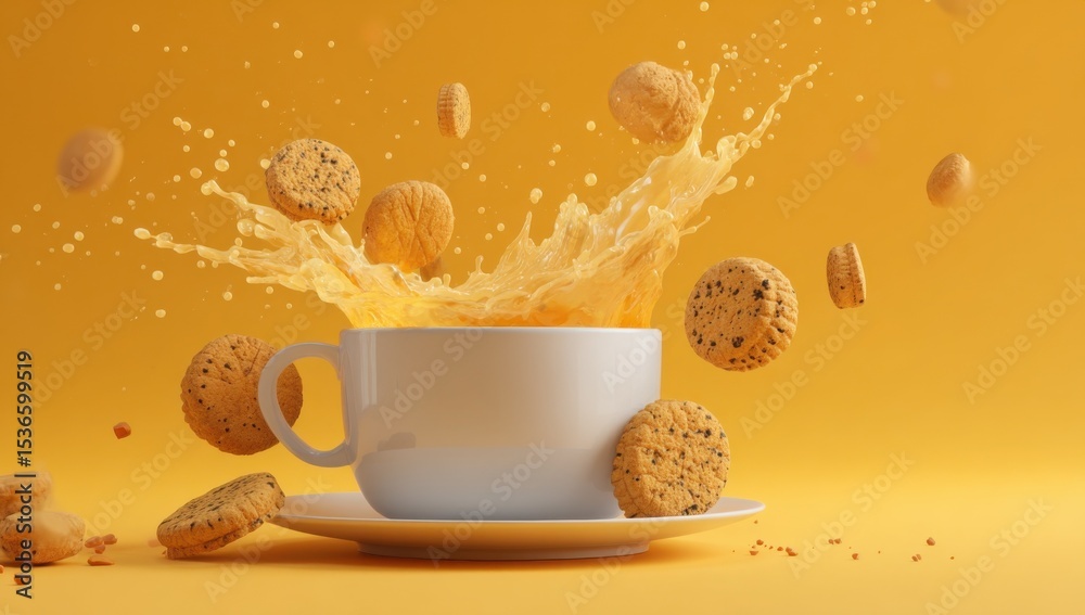 Poster Cookies and Juice Exploding From a White Mug on Yellow Backdrop, Representing Indulgence and a Delicious Break : Generative AI